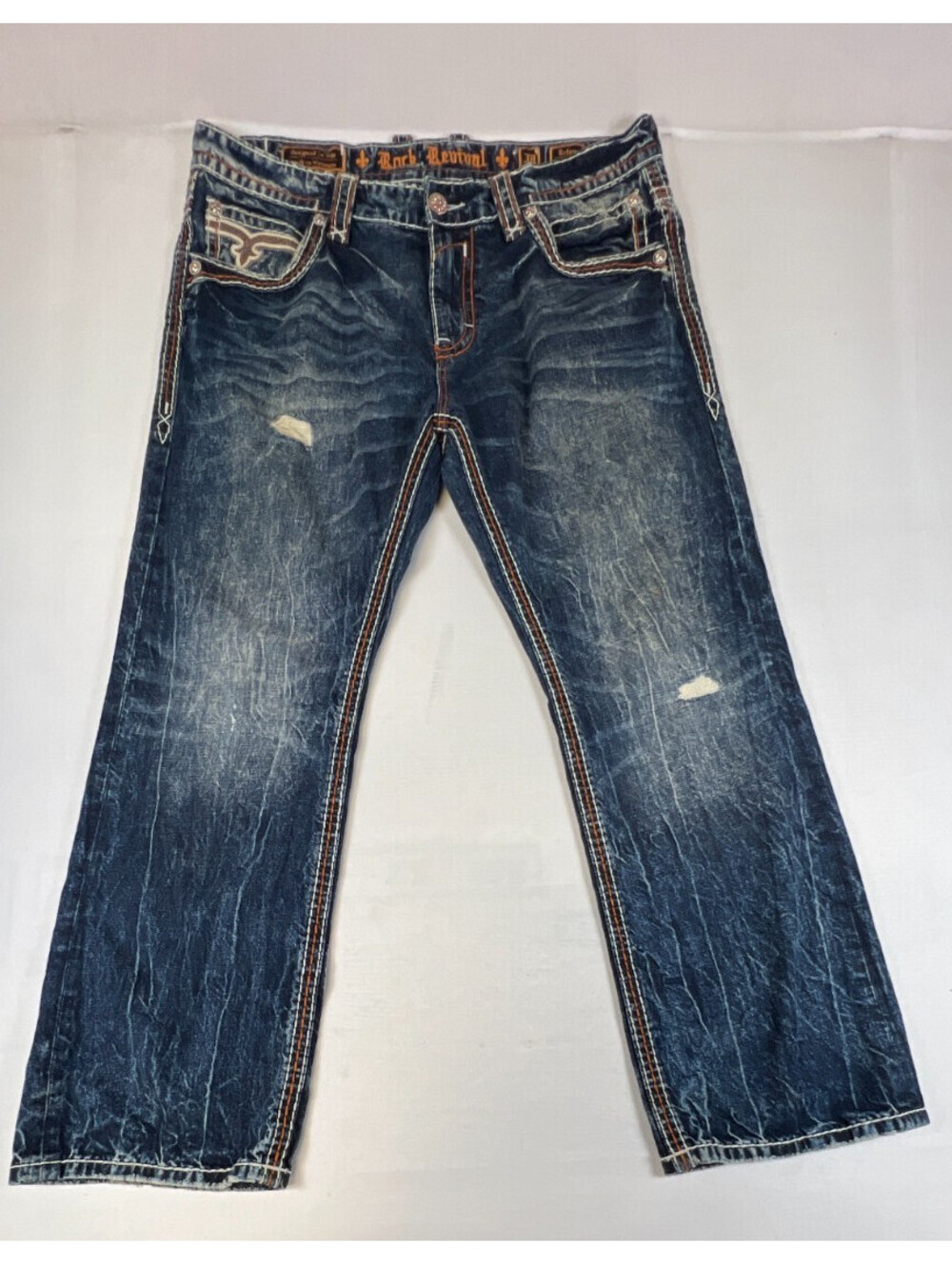 Rock Revival Mens 38x31 Ecton J202 Straight Leg Blue Embellished Denim Jeans